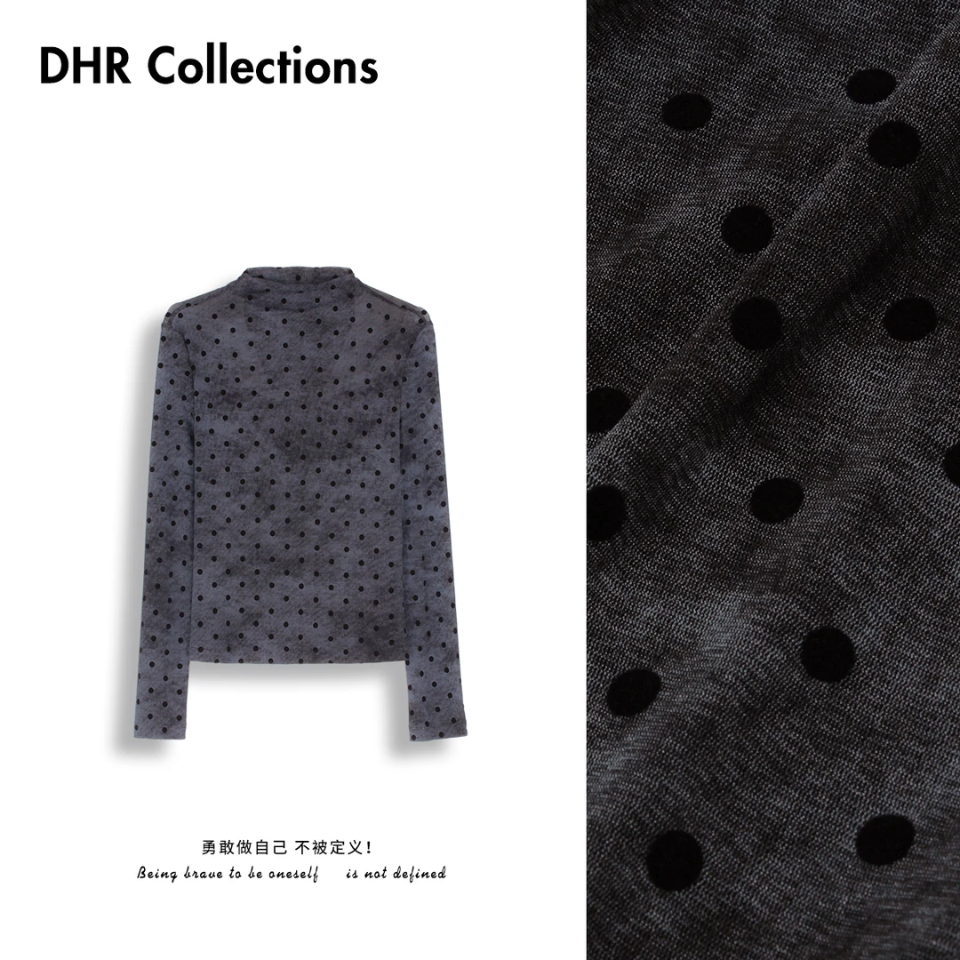 豆豆6【点点网纱长袖T】半高领秋季显瘦百搭打底衫通勤百搭-DQ1638