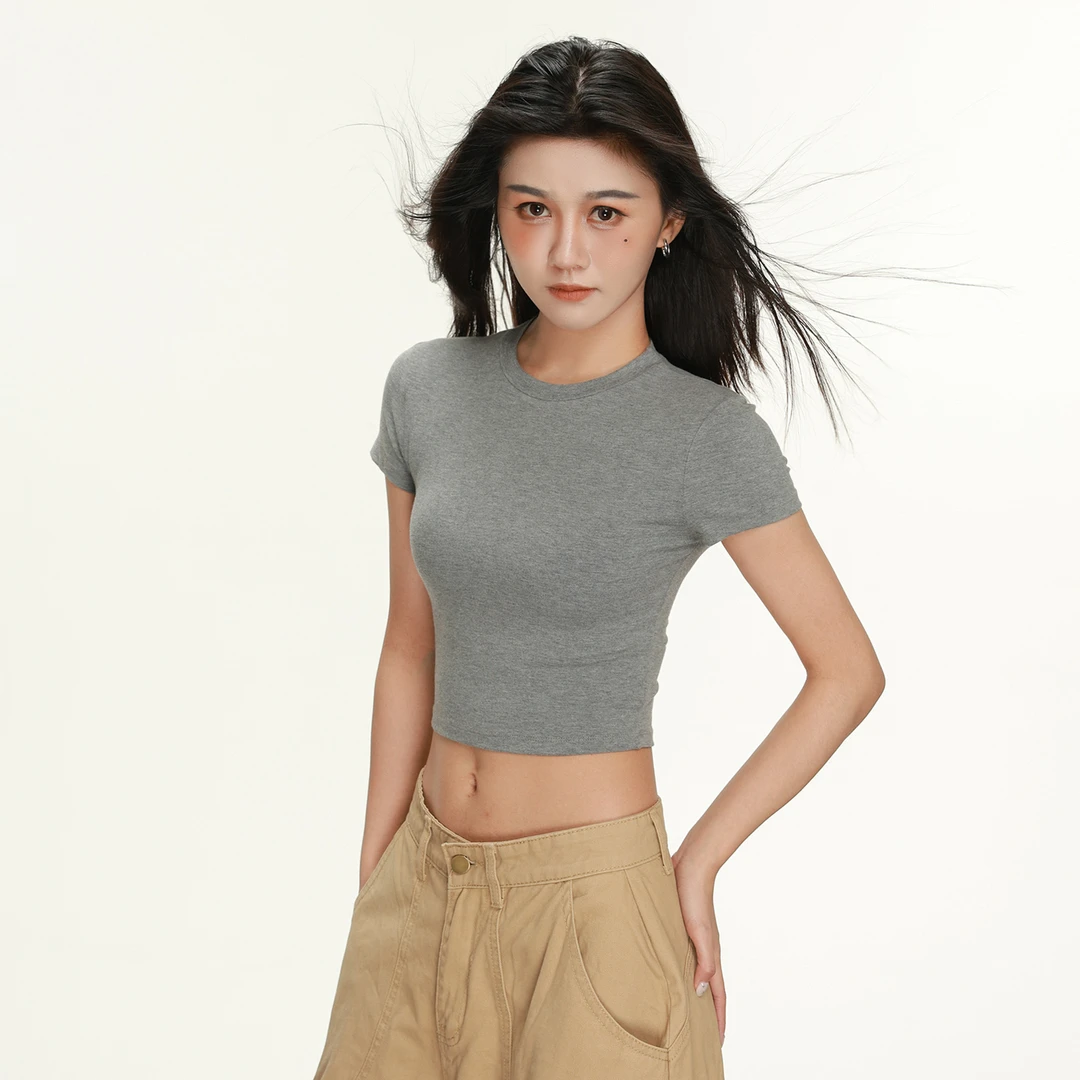2025夏季灰色圆领短款高腰短袖T恤露肚脐性感辣妹独特绝美小上衣