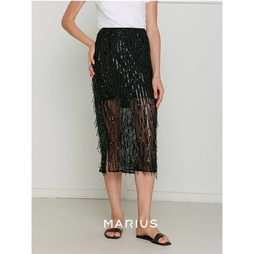 MARIUS“流星”高奢立体珠片镂空流苏竖条珠片背心长半裙短半裙