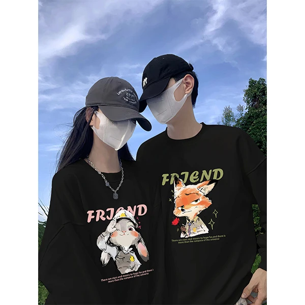 早秋狐狸兔子印花情侣装卫衣百搭小众潮流休闲宽松慵懒风上衣班服