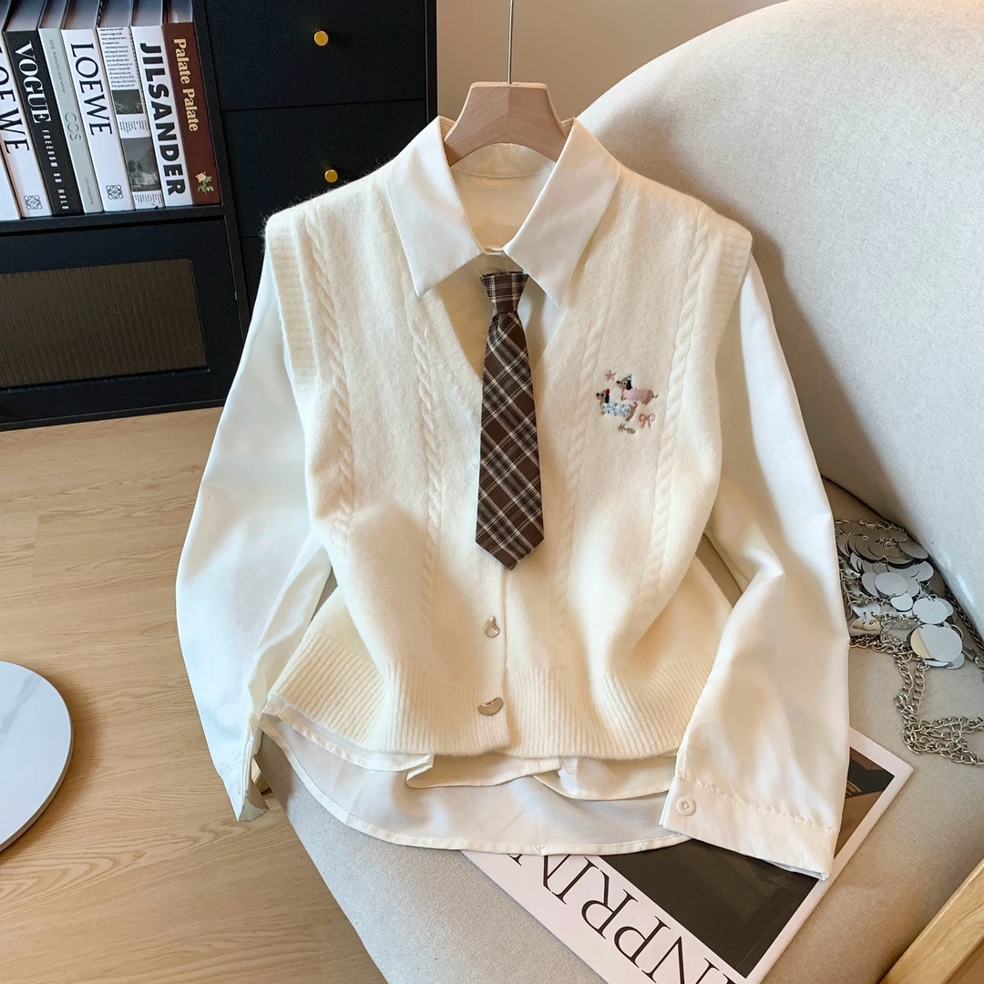 2025秋季新品学院风刺绣针织马甲女长袖衬衫带领带两件套减龄洋气