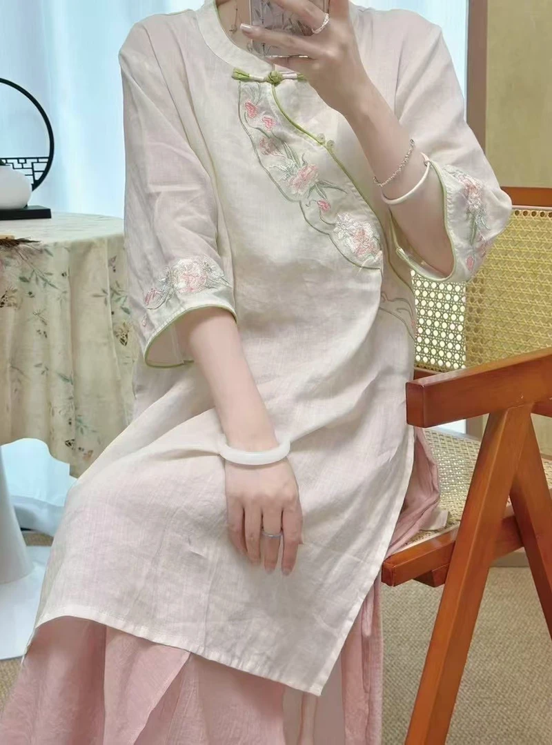 国风高端苎麻42支短袍新中式斜襟立领旗袍