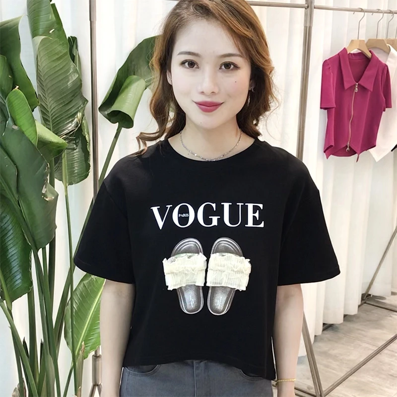 韩版新款设计感小众网纱拖鞋字母印花短袖宽松T恤断短款上衣夏