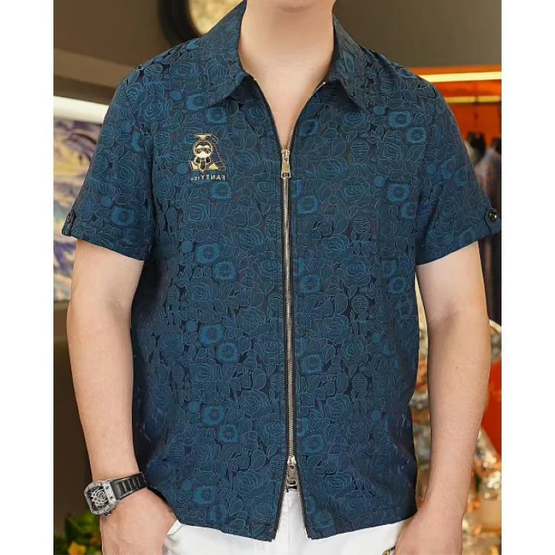 夏季烫钻短袖T恤格子t恤男短袖中年夏装高质感穿搭男士大码透气