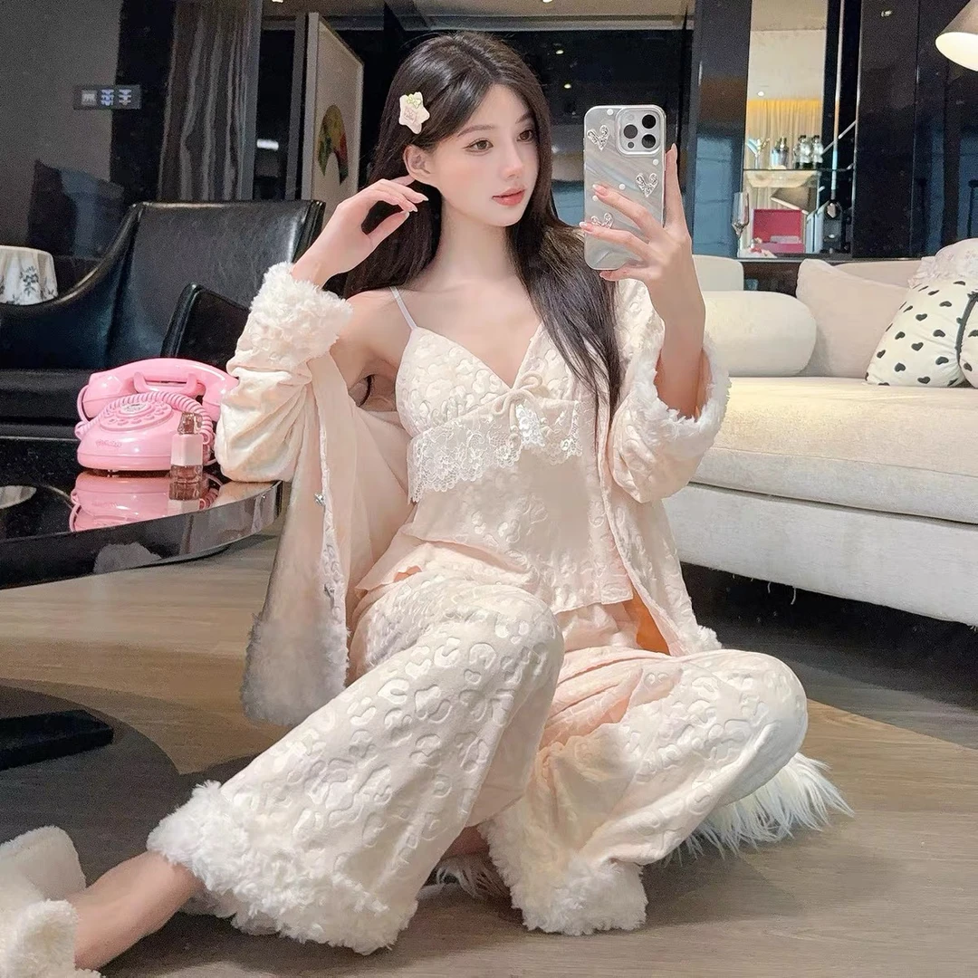 【压花豹纹】2025秋冬可外穿双面海岛绒女吊带开衫加厚保暖长袖睡衣
