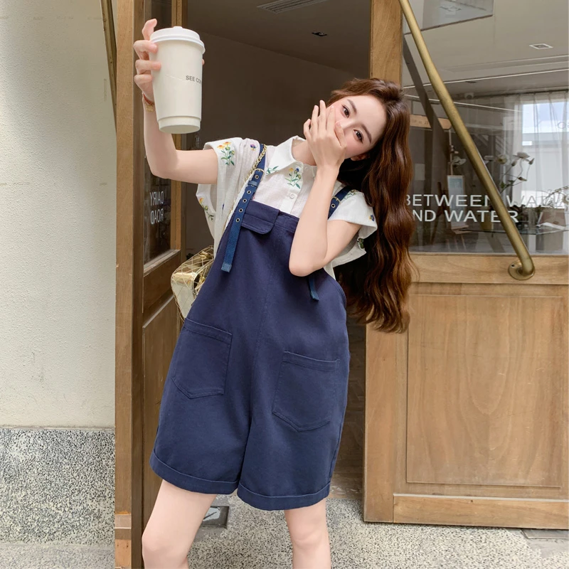 甜美刺绣衬衫背带裤2025夏季新款小众韩系学院风松弛感显瘦套装裤