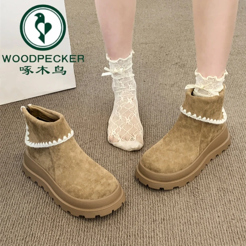 啄木鸟厚底增高勃肯短靴女款2025秋冬新款复古圆头百搭绒面马丁靴