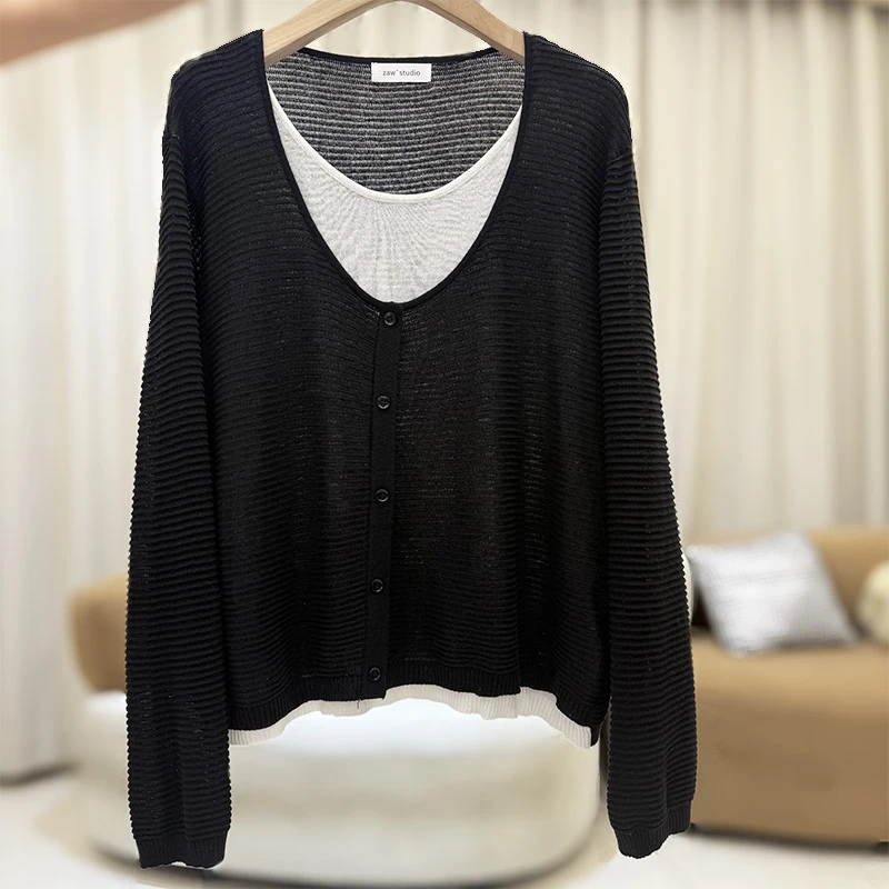 zaw大码女装宽松长袖针织衫秋季胖mm假两件上衣设计感小众/25389