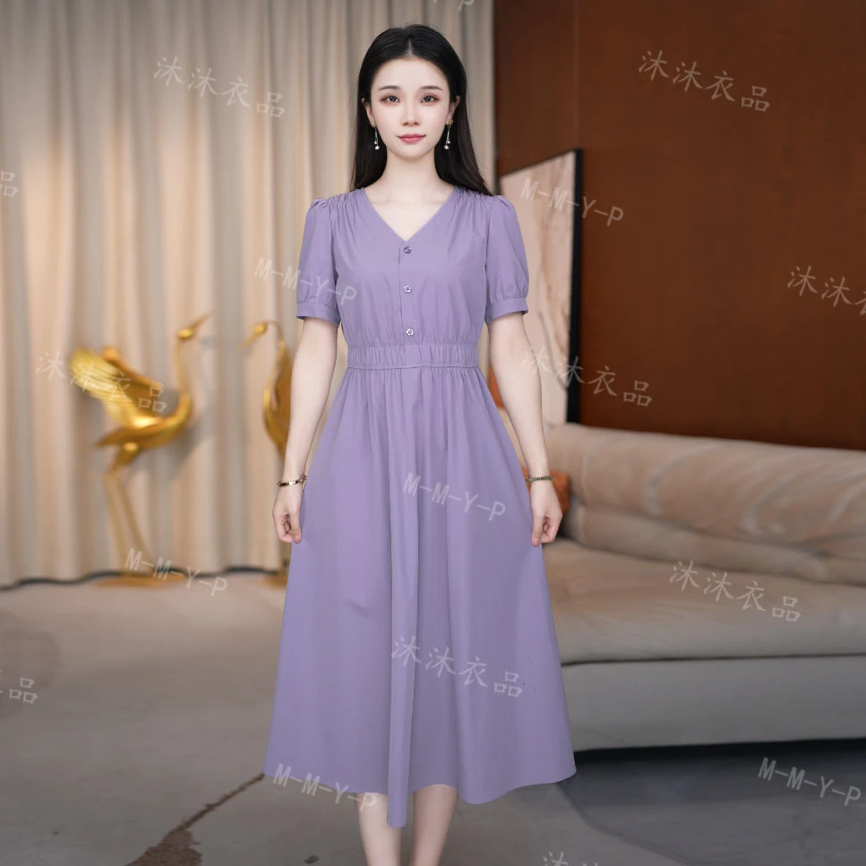 连衣裙女装连衣裙显瘦气质长裙紫裙夏季浅色时尚法式收腰连衣裙