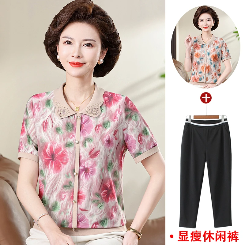 妈妈夏季碎花短袖t恤中年妇女花色短款小衫中老年夏季带领花上衣