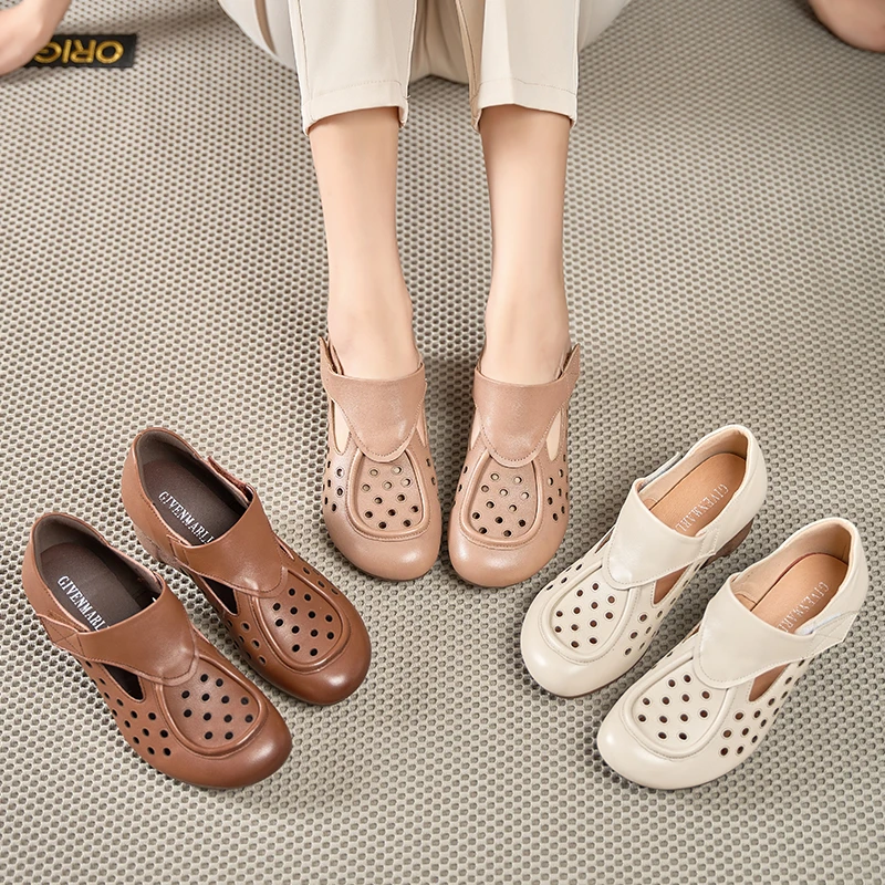 包头女镂空中跟真皮妈妈鞋软底中老年洞洞鞋透气凉鞋舒适厚底