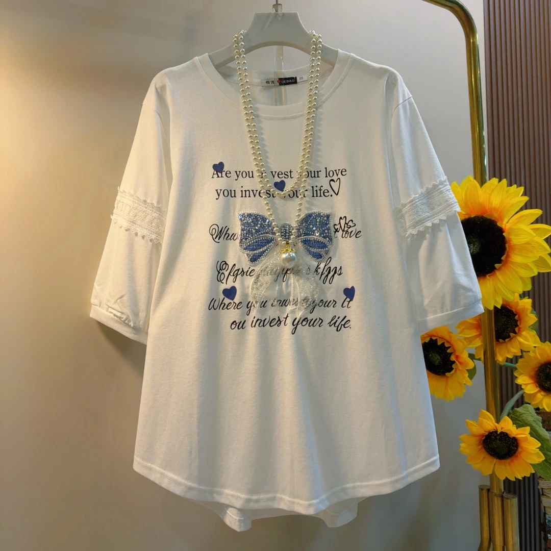 GD重工烫钻蝴蝶圆领纯色宽松遮肉百搭短袖夏季白色半袖时尚设计感