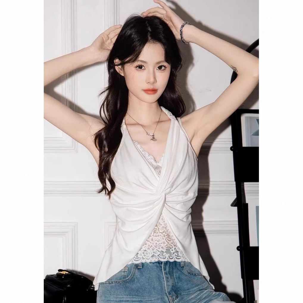 夏季新款性感假两件蕾丝挂脖吊带背心女内搭一体式带胸垫修身上衣