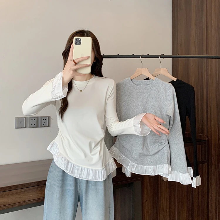 Aayao 2025 Spring 甜妹芭蕾风拼接花边荷叶摆打底长袖上衣33590