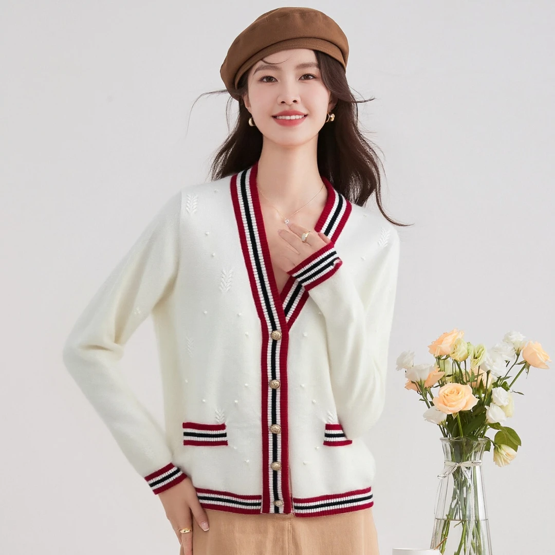 100%绵羊V领撞色女式羊毛开衫25DAK1359