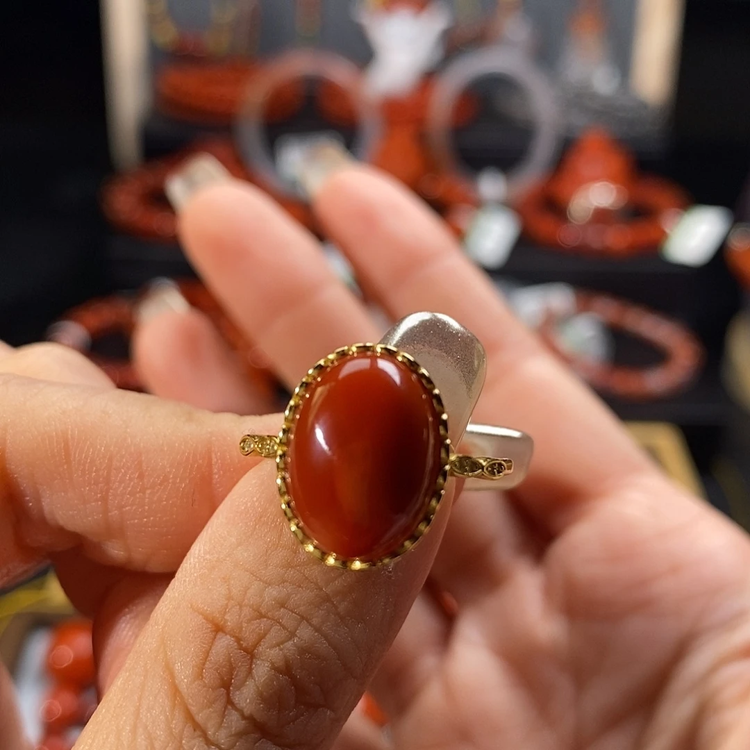 南红玛瑙银S925镶嵌四川凉山瓦西戒指