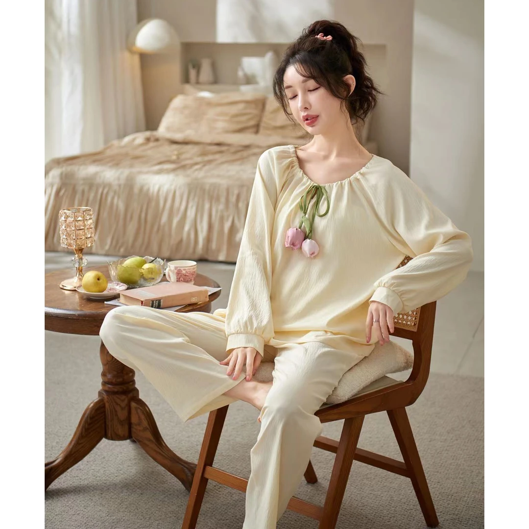 特！门店29&9！云朵棉感睡衣」手工花苞系带棉感舒适家居套装C22773