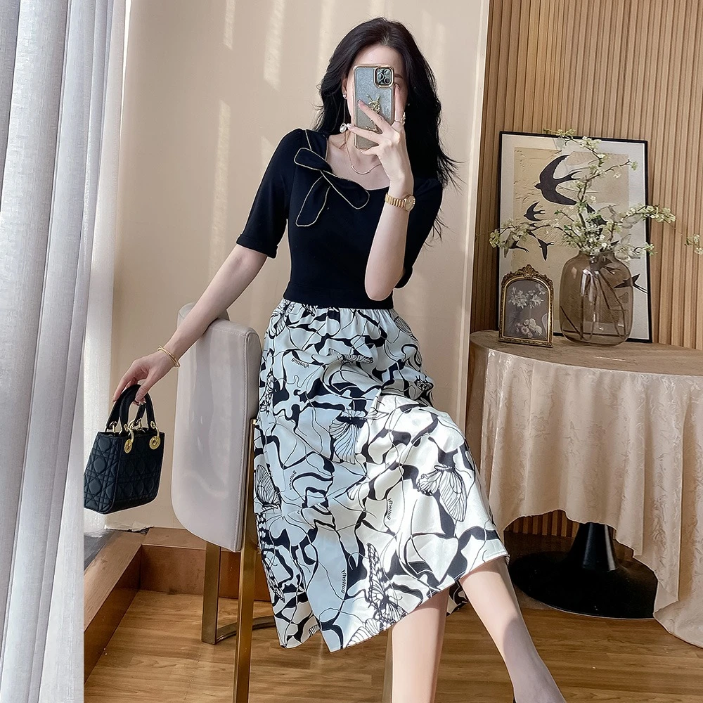 2025夏季新款个性时尚高级感收腰显瘦假两件中长款连衣裙女