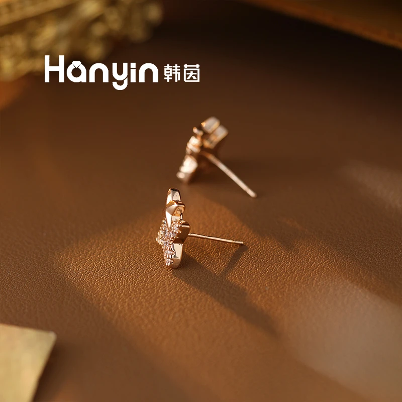 铜合金合成锆石耳饰 925银针轻奢小众定制四芒星耳钉AAA