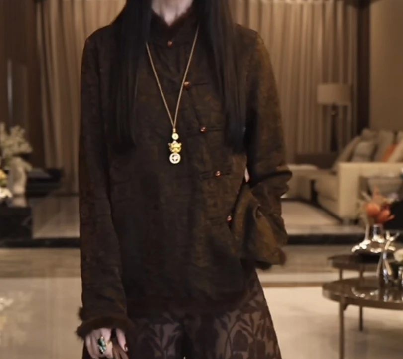 飞儿【暗纹古铜-咖】2025早秋新款时尚百搭拼接水貂毛毛衬衫上衣