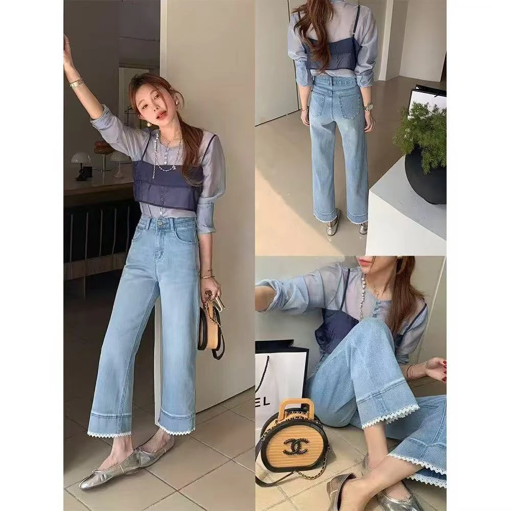 韩版蕾丝花边九分直筒牛仔裤女春夏季新款梨形身材高腰显瘦直筒裤