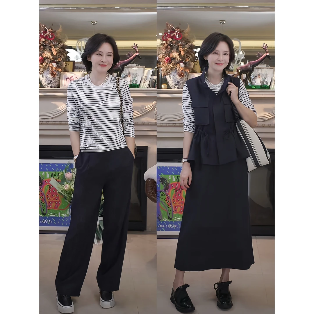 我是摩羯 H家条纹T 永迈棉高弹色织条纹定位印花圆领长袖早秋上衣