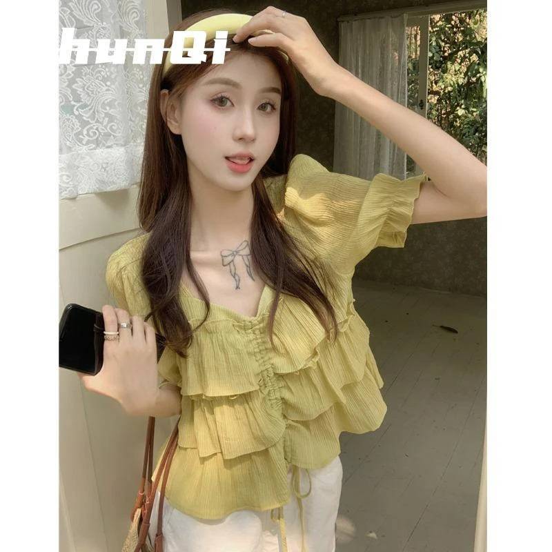 淳启胖mm法式方领荷叶边衬衫女夏设计感泡泡袖雪纺衫遮肚抽绳上衣