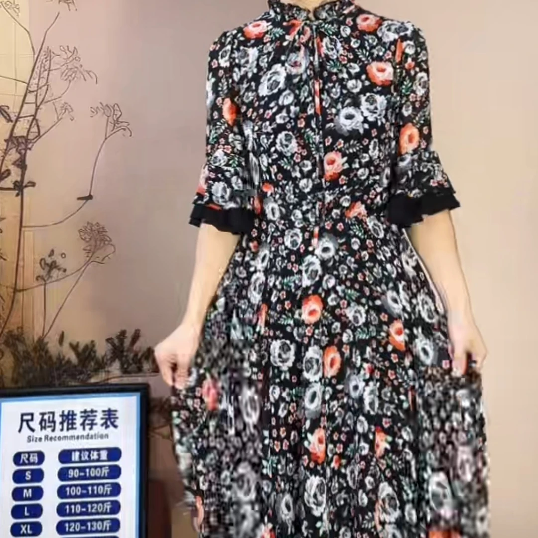 XL显瘦碎花印花连衣裙女士复古优雅长裙时尚女装X572-26
