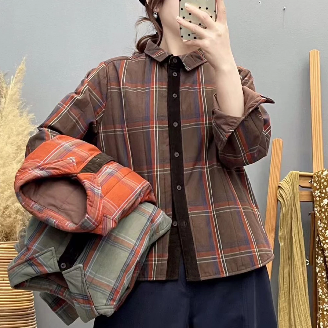 秋冬款通勤百搭宽松显瘦撞色拼接夹棉格子衬衫女翻领长袖保暖外套