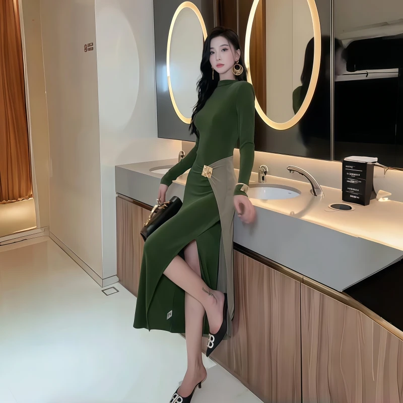 弹力撞色连衣裙褶皱礼服百搭不褪色女装长袖连衣裙性感风长袖长裙