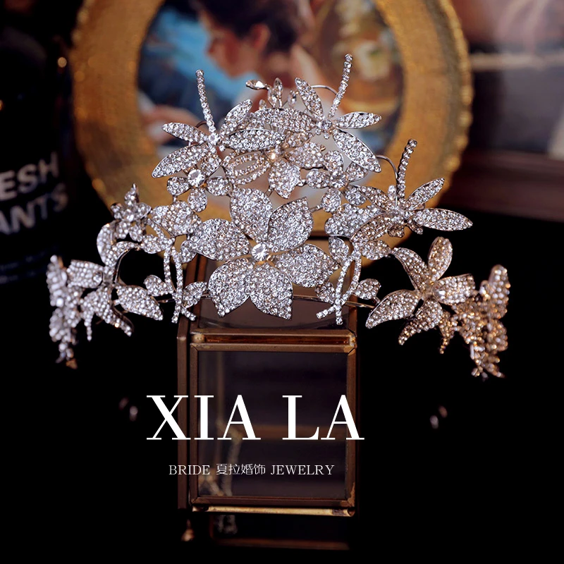 夏拉原创设计款闪钻花朵灵动蜻蜓新娘皇冠婚礼婚纱王冠公主发饰品