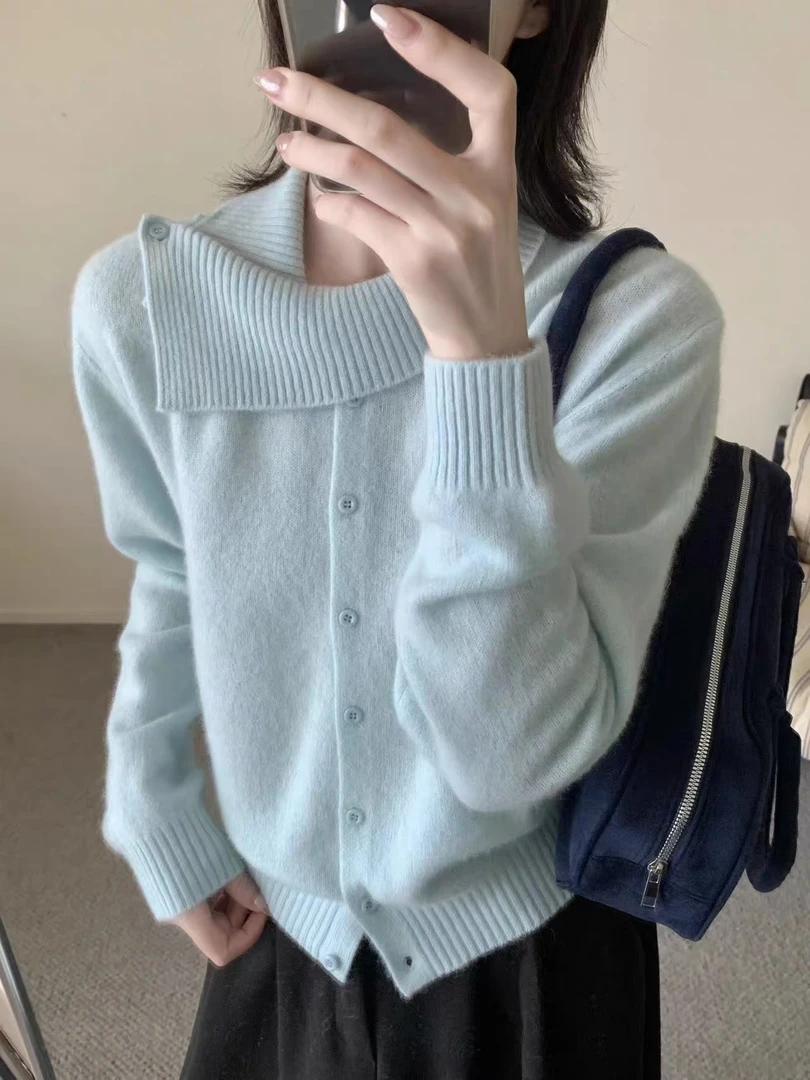 S616 韩版高级感慵懒翻领单排扣上衣女毛衣针织衫百搭休闲秋冬