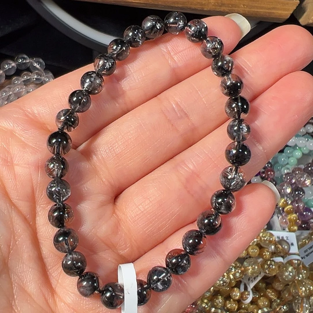 水晶手链未镶嵌巴西黑银钛6.2mm高品透体单圈手串