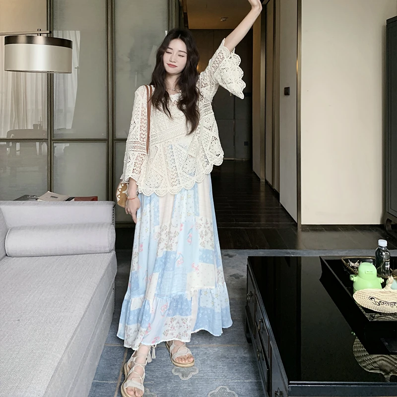 独特漂亮超仙吊带连衣裙套装女2025夏季新款洋气镂空罩衫碎花长裙