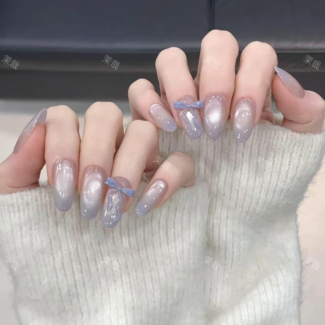 茉哉KK【奶蓝蝴蝶】纯手工定制美甲拆卸穿戴甲A3598