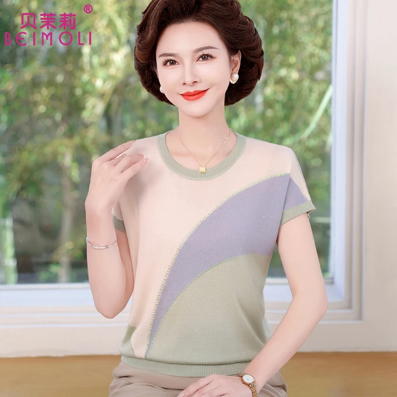 中年妈妈装夏装短袖T恤洋气冰丝衫中老年女衣服夏季时髦气质上衣