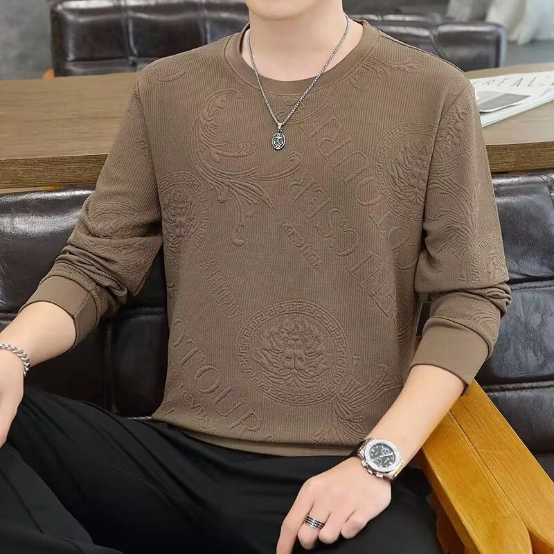 秋季薄款卫衣男士大码简约提花休闲运动长袖t恤打底衫上衣男