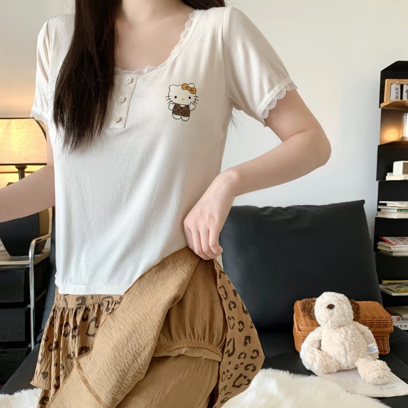 睡衣家居服莫代尔睡衣短袖短裙女薄款显瘦女卡通KT猫女带胸垫外穿