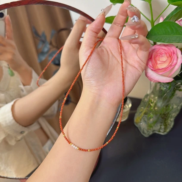 南红小米珠珍珠锁骨链2.2mm