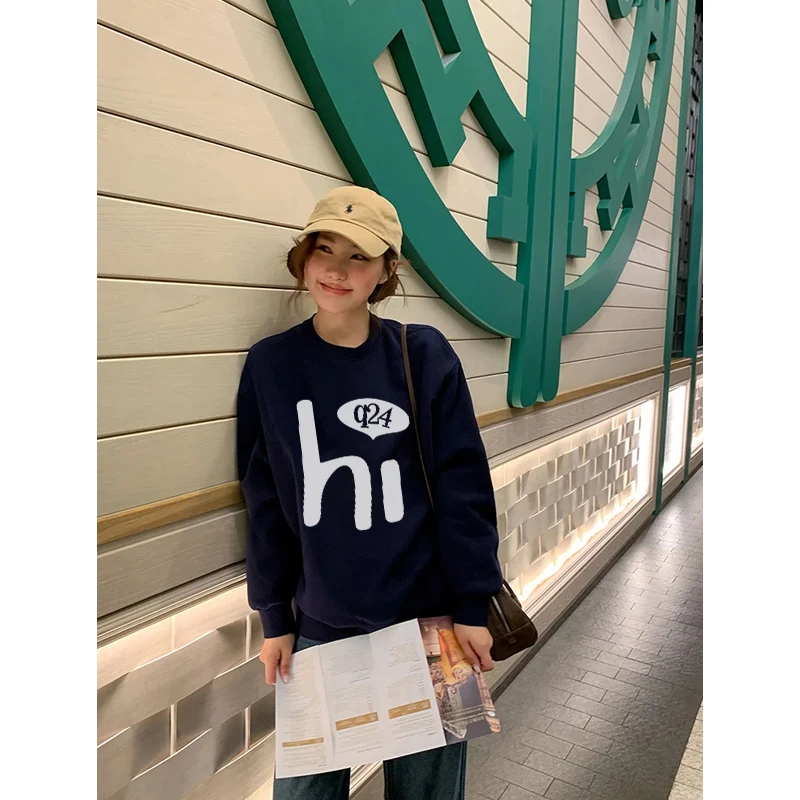 美式复古宽松简约字母连帽卫衣女早秋oversize长袖上衣#T012430