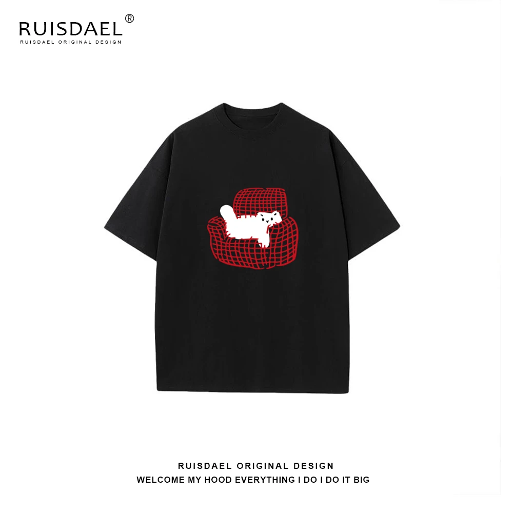 RUISDAEL美式沙发小猫印花圆领半袖短袖T恤女潮牌高街学院风上衣