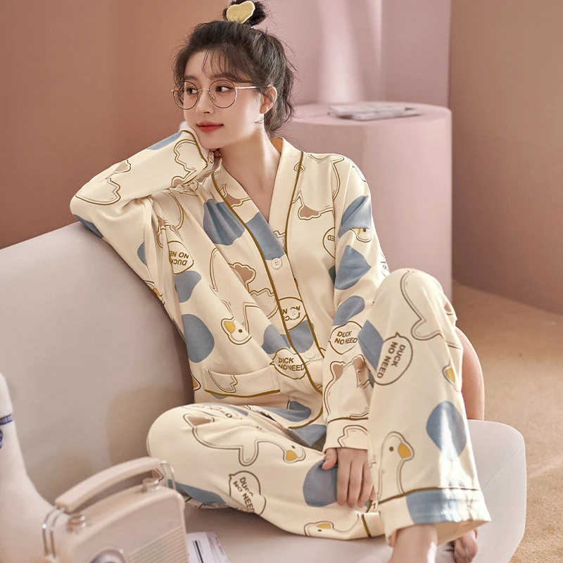 可爱小白鸭睡衣女春秋季甜美可爱长袖大码宽松家居服套装可外穿