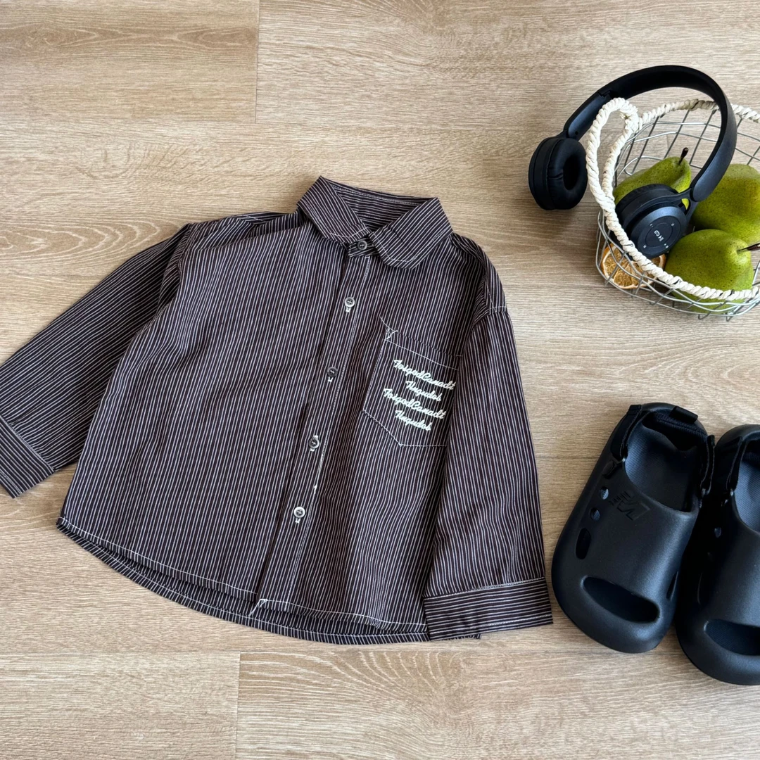 Z-6515【现货】韩版儿童刺绣竖条纯棉长袖衬衫