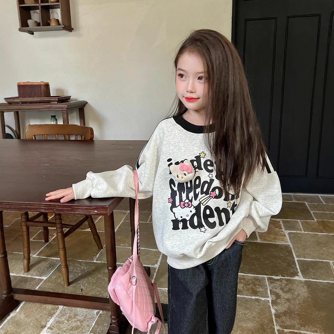 2025春秋新款女童Kitty猫卡通卫衣宽松儿童宝宝套头上衣潮