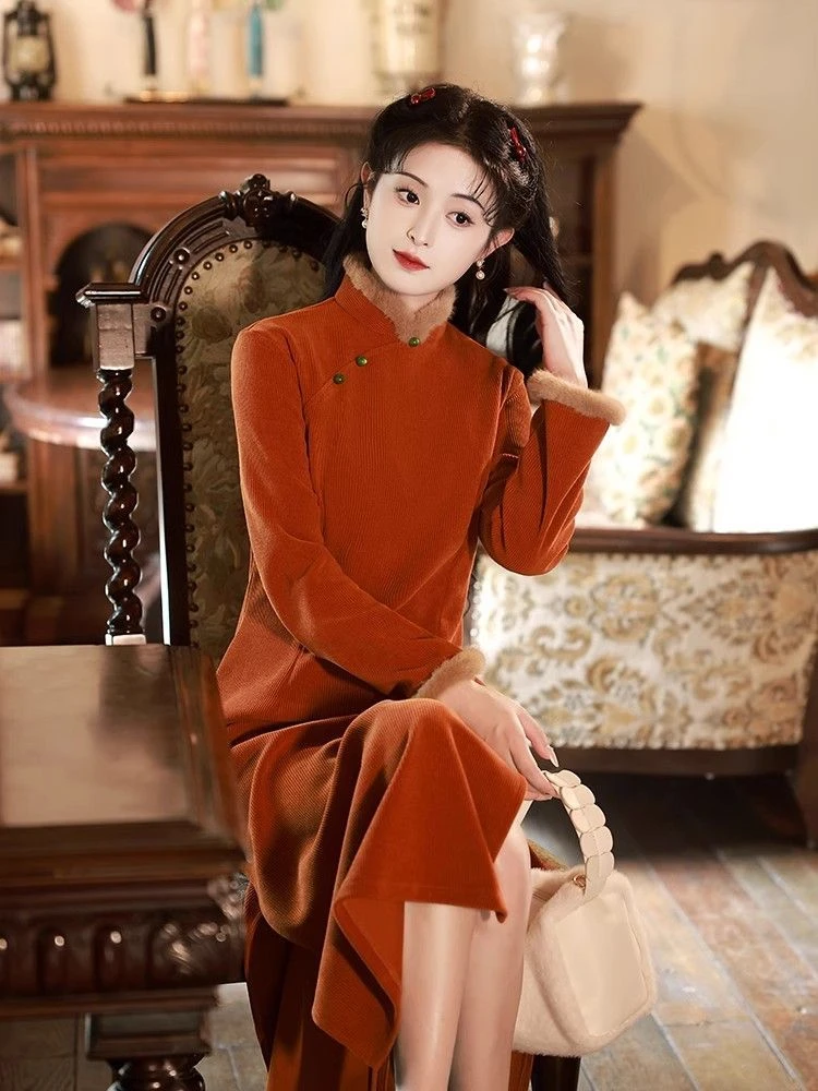 1363〖激情南瓜〗网红秋冬款加绒显瘦显白中国风气质苏州旗袍