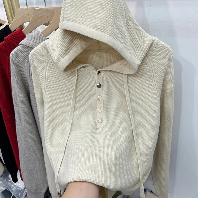 2025春装装新款休闲百搭纽扣套头连帽衫毛衣女长袖针织衫卫衣上衣