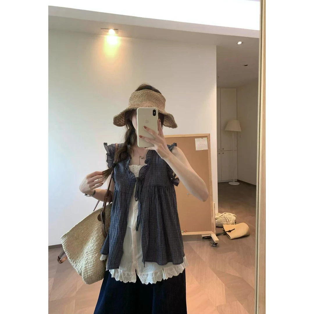 韩11设计感系带假两件格纹衬衫女韩系木耳边拼接蕾丝圆领减龄小衫