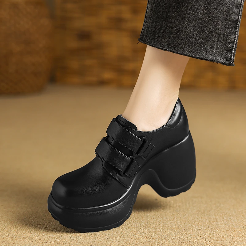 小个子真皮女鞋10cm坡跟通勤深口单鞋轻便不累脚厚底防水台高跟鞋