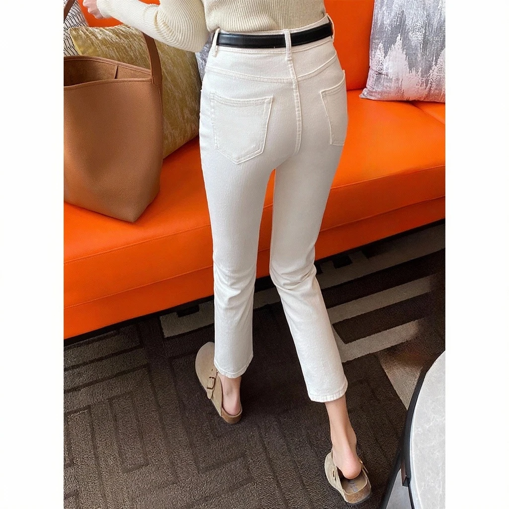【镇店高货】白色九分牛仔裤秋季新款高腰百搭弹力修身显瘦烟管裤