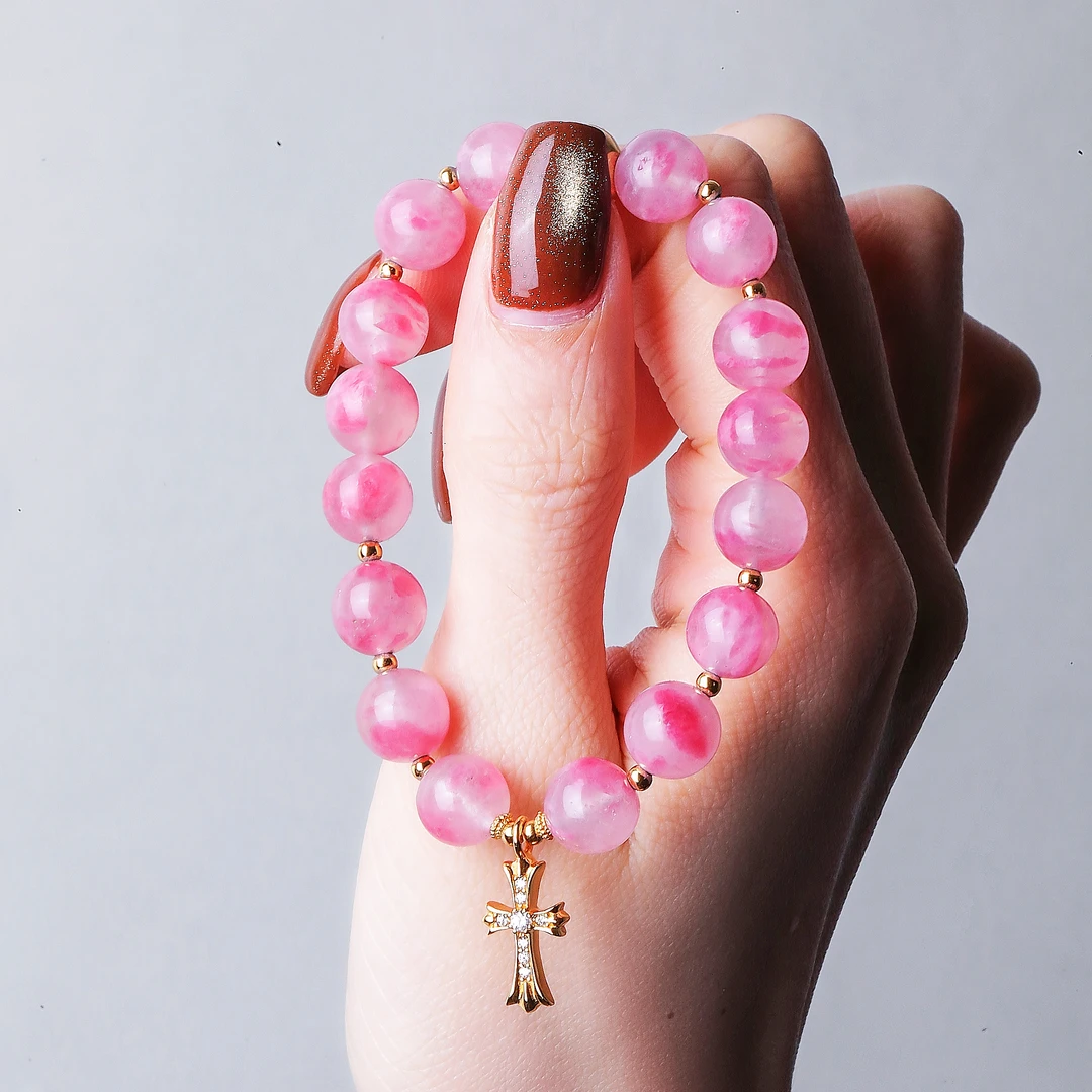 925银手链 <大头姐>S10019 金色十字架粉白色珠珠手链